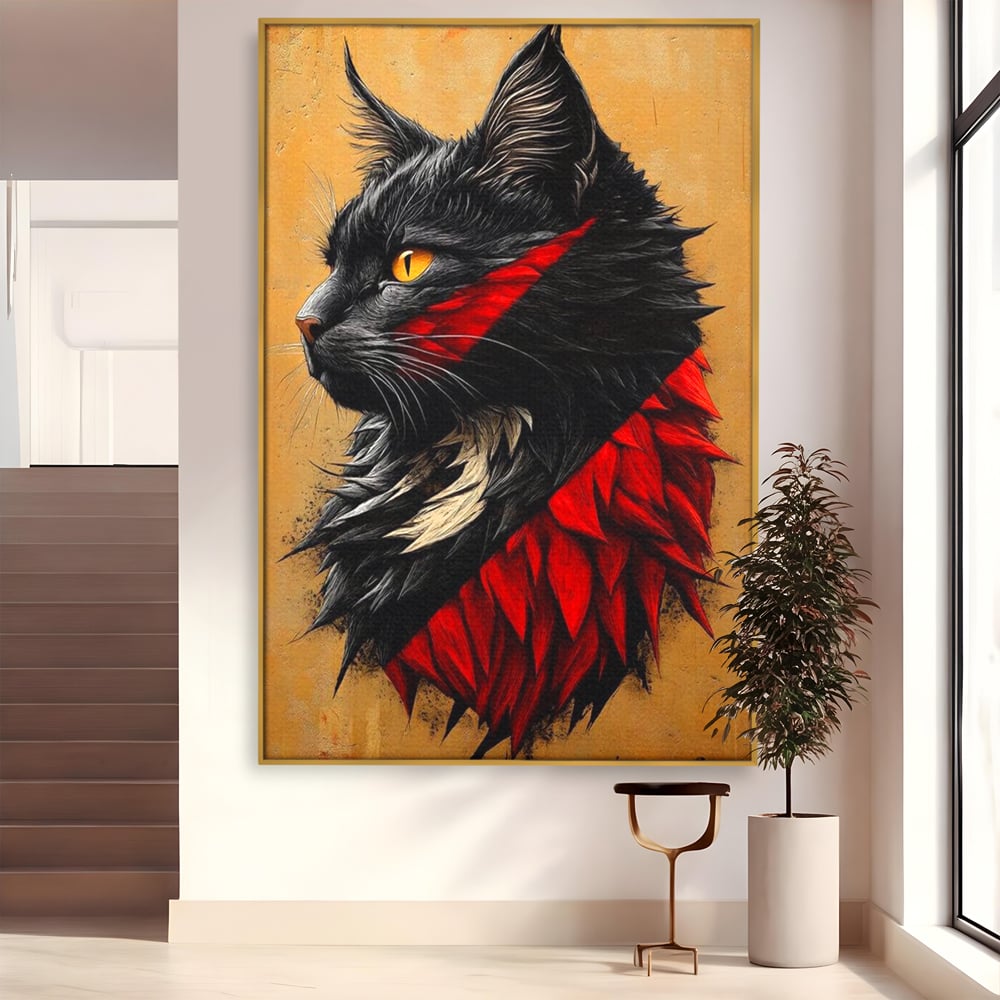 Tablou canvas cu tablou canvas cu motan negru in profil, in rama de aluminiu auriu